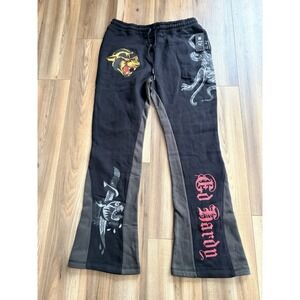 Ed Hardy Sweatpants Men's Large Graphic Print Black Tattoo Thick Pockets NWT